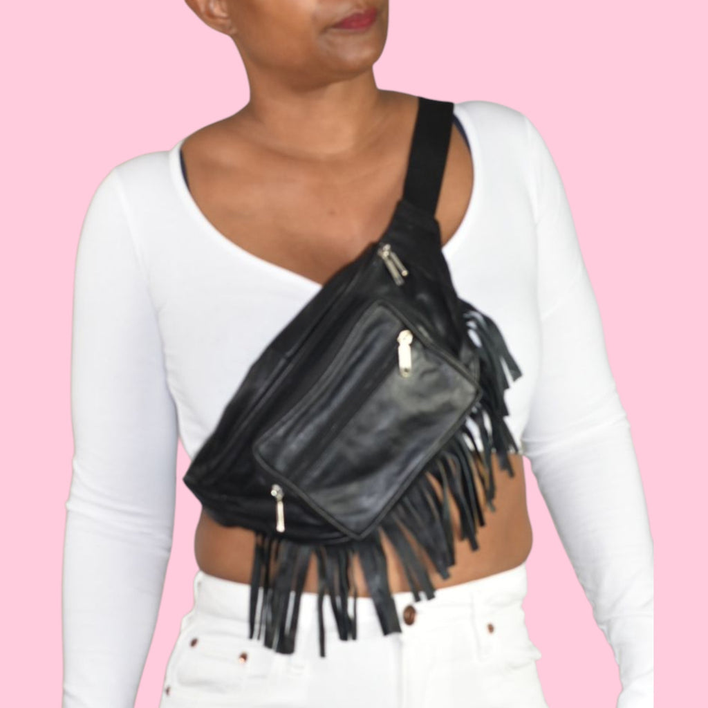 Leather Fringe Fanny Pack Black Adjustable Bum Belt Waist Pouch Retro Sling Waist Bag Unisex
