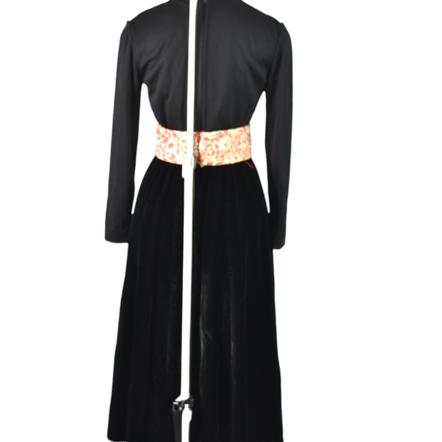 Vintage Midi Dress Black Banded A LIne Velvet Satin Long Sleeves Fit Flare Knit Brocade 60s 70s XS