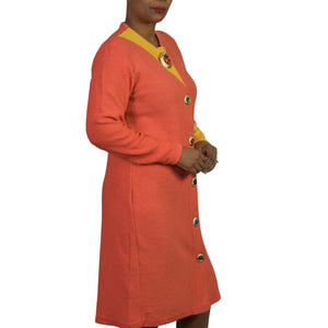 Vintage Steve Fabrikant Knit Dress Orange Color Block Button Front Jeweled Funky Medium