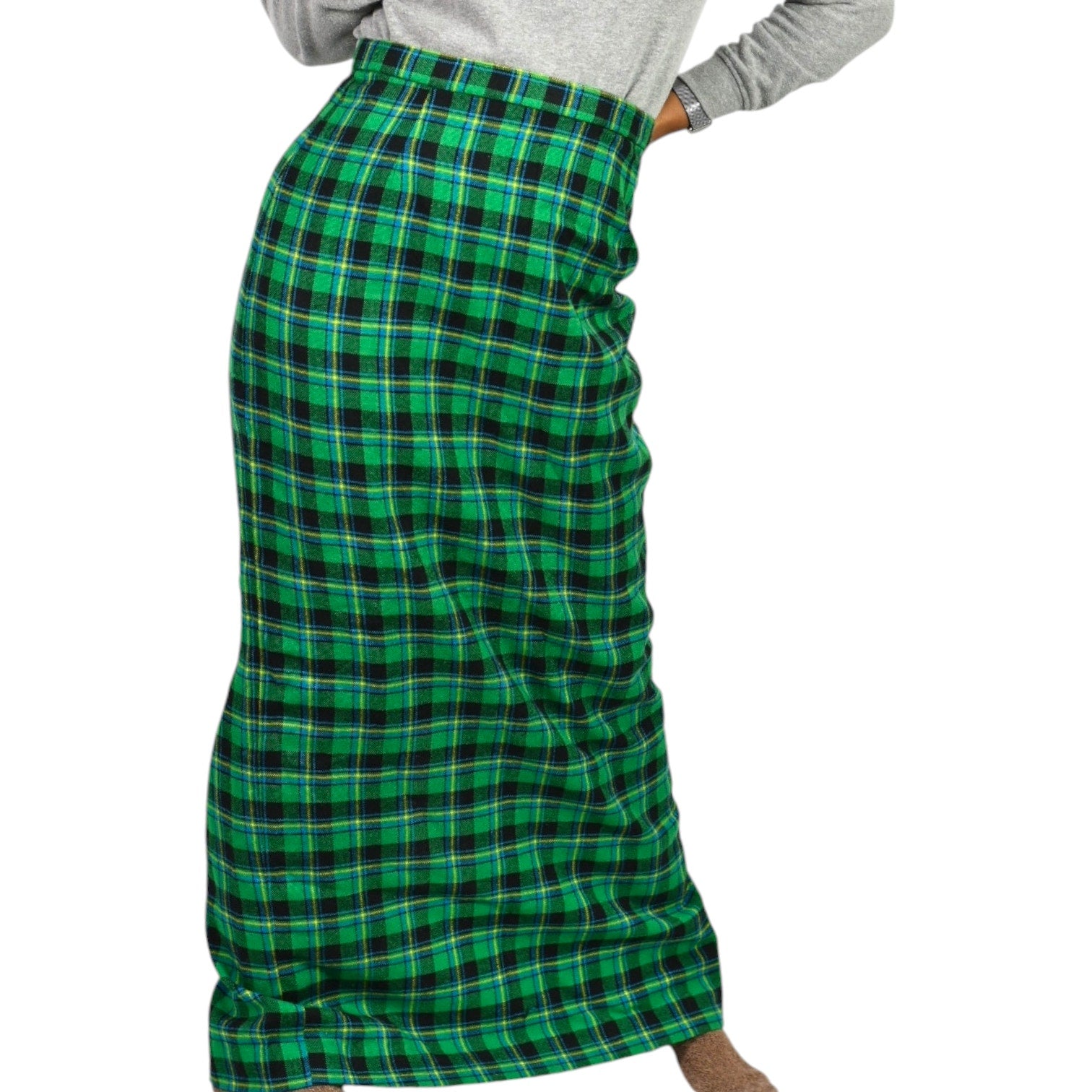 Vintage Tartan Maxi Skirt Green Plaid Long Straight Column Check Handmade 10 Medium