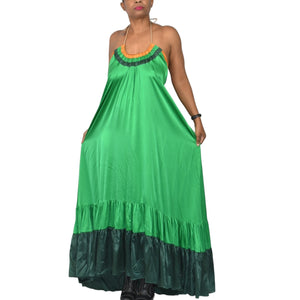 Love Binetti Halter Dress Green Silk Satin Maxi Sundress Draped Tent Oversized Lounge Patio Flowy Size Medium