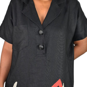 Vintage Andrea Jovine Linen Dress Black Print Abstract Embroidery Cocoon 10 Medium