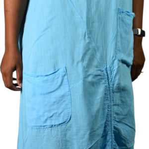 Fenella Linen Dress Blue Crinkled Lagenlook Ruched Pockets Italian Asymmetric Pockets One Size S M L XL
