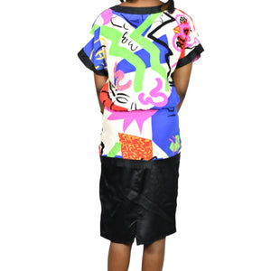 Vintage Flora Kung Silk Dress Blue Abstract 80s Print Colorful Blouson Twofer Pencil Skirt XXS