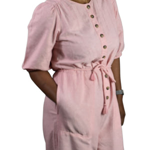 Madewell Cotton Jumpsuit Pink Puff Sleeve Short Sleeve Tie Waist Cuffed Tapered 6