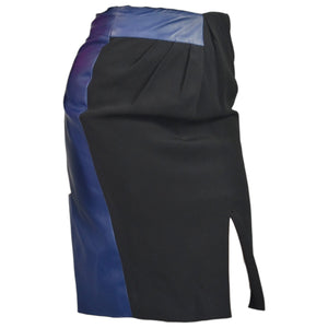 Raoul Two Tone Skirt Blue Leather Black Crepe Pencil High Waist Pleated Slit Small