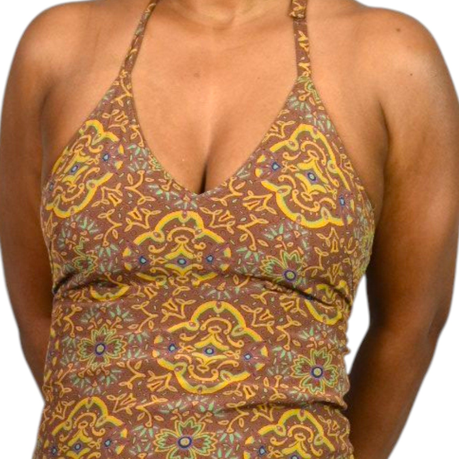 Vintage Gap Halter Dress Brown Mandala 90s Grunge Long Maxi Rayon Block Print Small