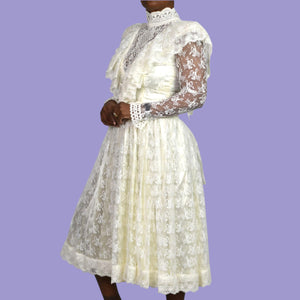 Vintage Jessica McClintock Bridal Dress Ivory White Lace Yoked Frilly Victorian Ruffle Bib Wedding Small 4