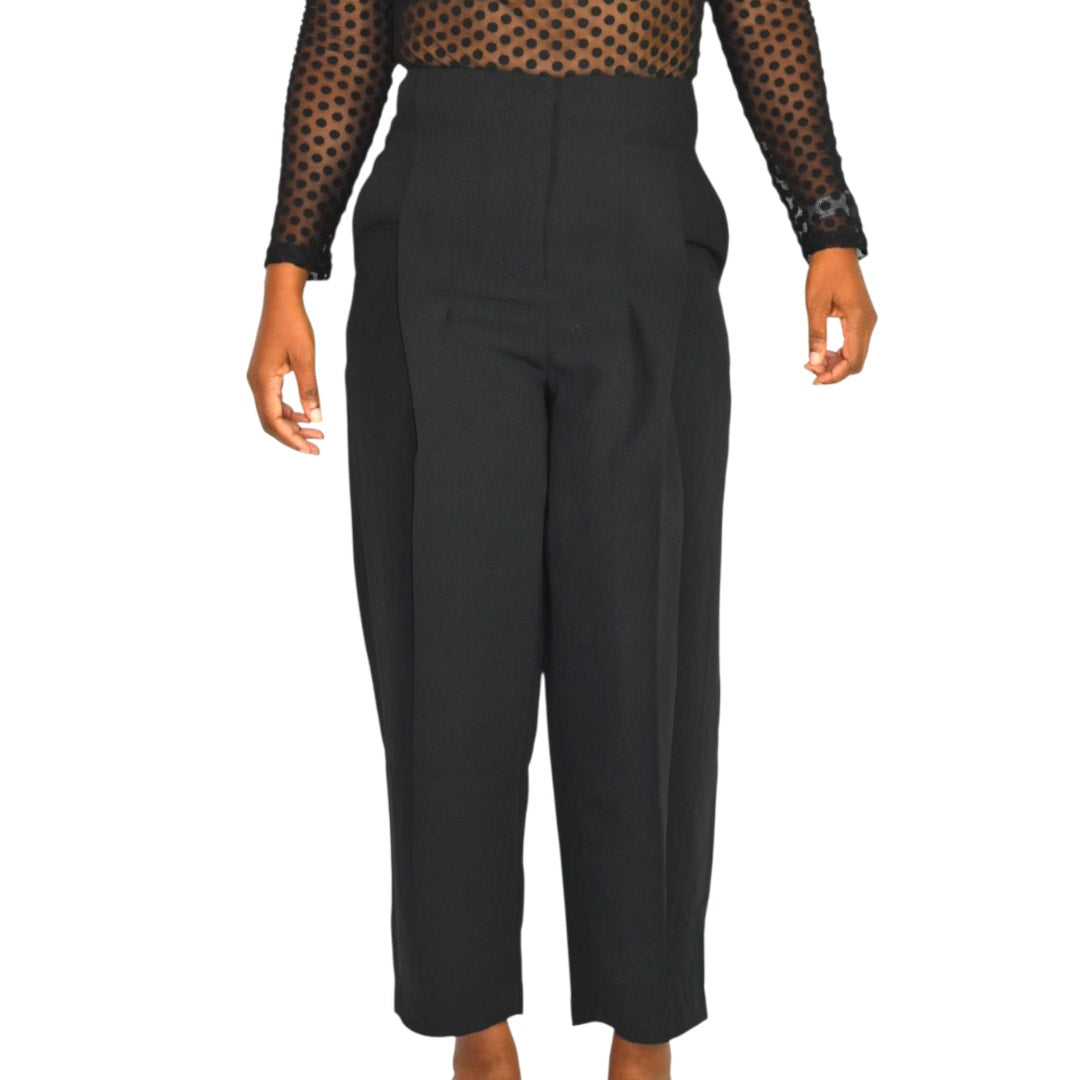 Tout a Coup Pleat Crop Trouser Pants Black High Waist Crepe Dress Evening Business Casual Tapered XS
