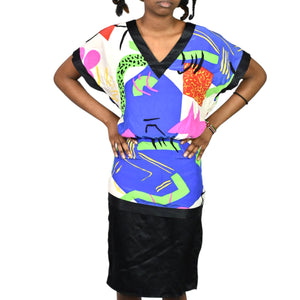 Vintage Flora Kung Silk Dress Blue Abstract 80s Print Colorful Blouson Twofer Pencil Skirt XXS