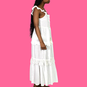 True Destinations Tiered Maxi Dress White Bohemian Voile Lightweight Cotton Fringe Coverup Small
