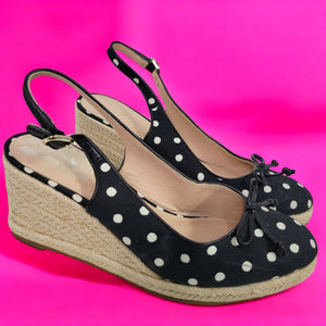 Kate Spade Panama Nights Wedge Black Polka Dot Heels Espadrille Canvas Slingback Size 7.5