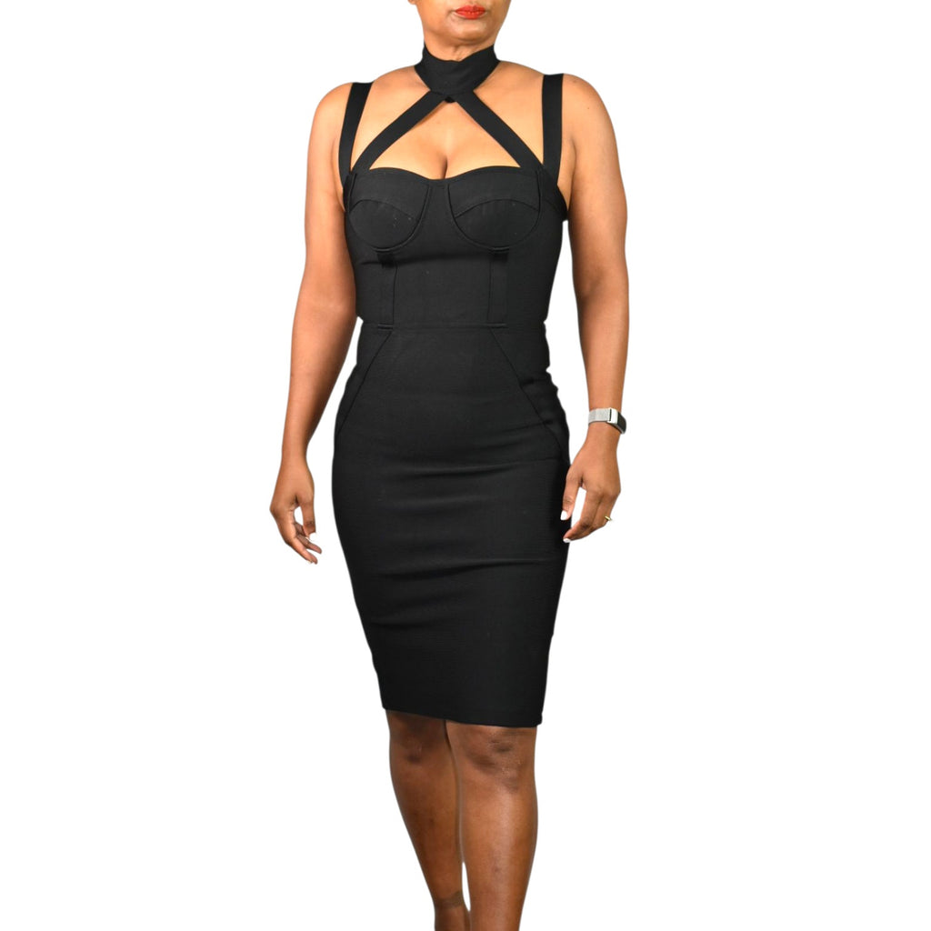 Black Bandage Dress Bodycon Pencil Low Cut Sweetheart Ribbed Sleeveless Straps Small