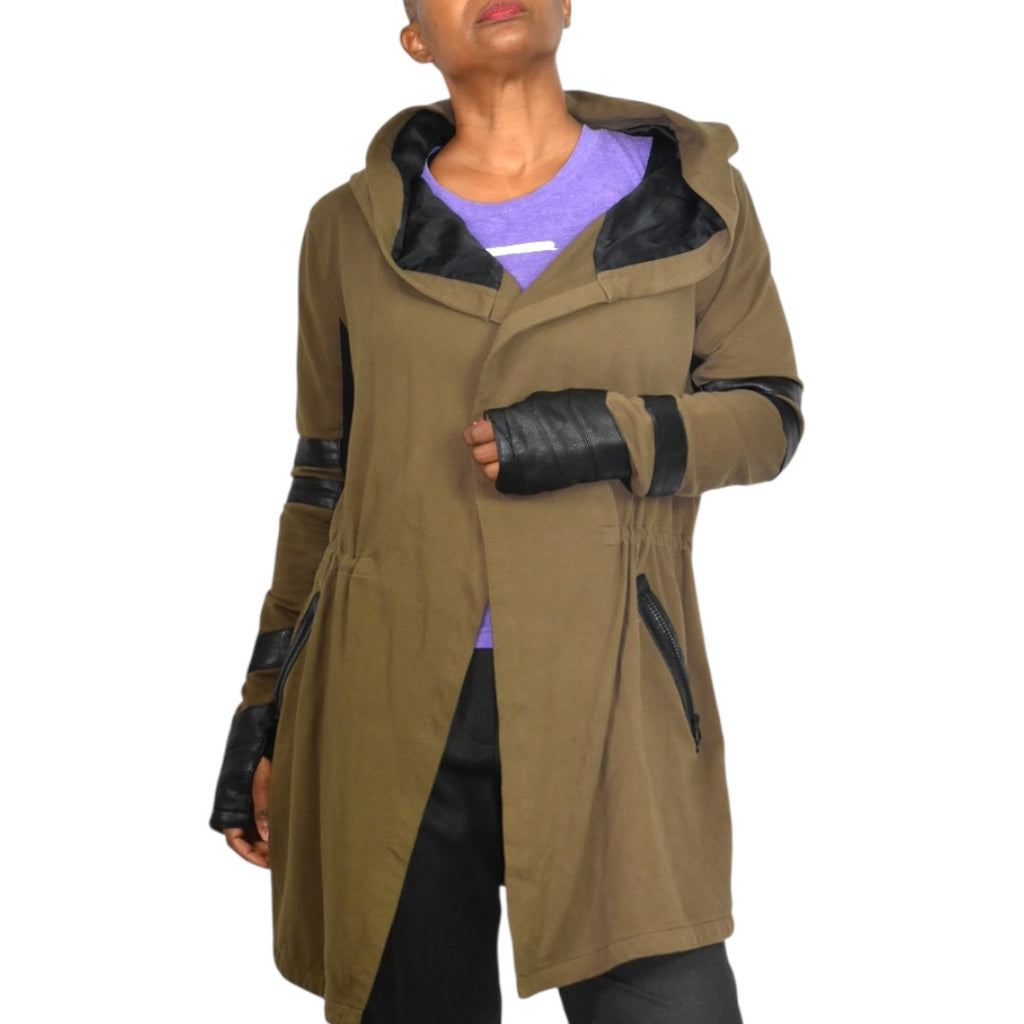 BLANC NOIR Maitri Traveler Jacket Green Olive Khaki Faux Leather Draped Hood Thumbholes Athleisure Travel Transitional Medium