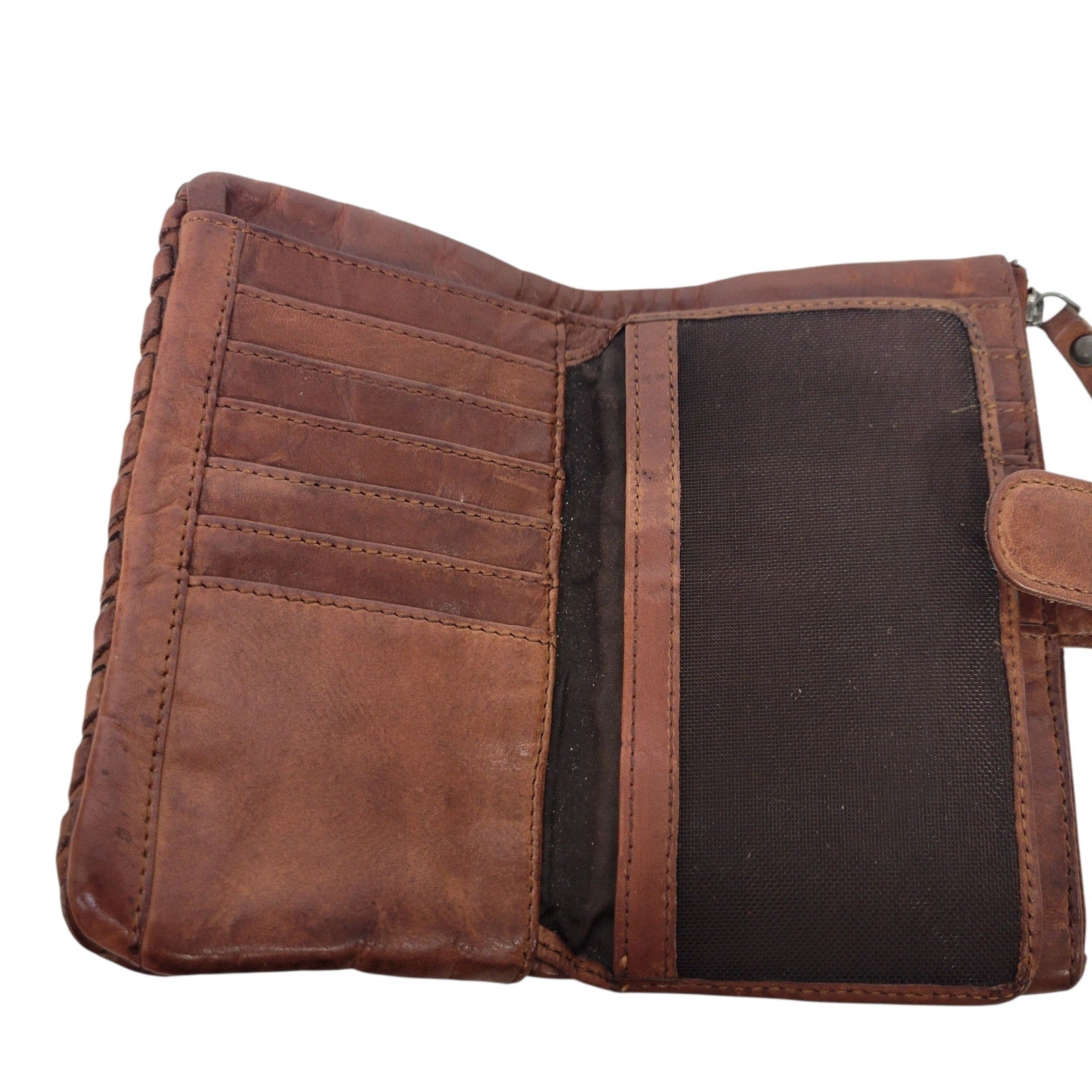 Vilenca Holland Wallet Brown Cognac Leather Woven Soft Pocket Slots Basketweave Billfold Bifold