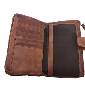 Vilenca Holland Wallet Brown Cognac Leather Woven Soft Pocket Slots Basketweave Billfold Bifold