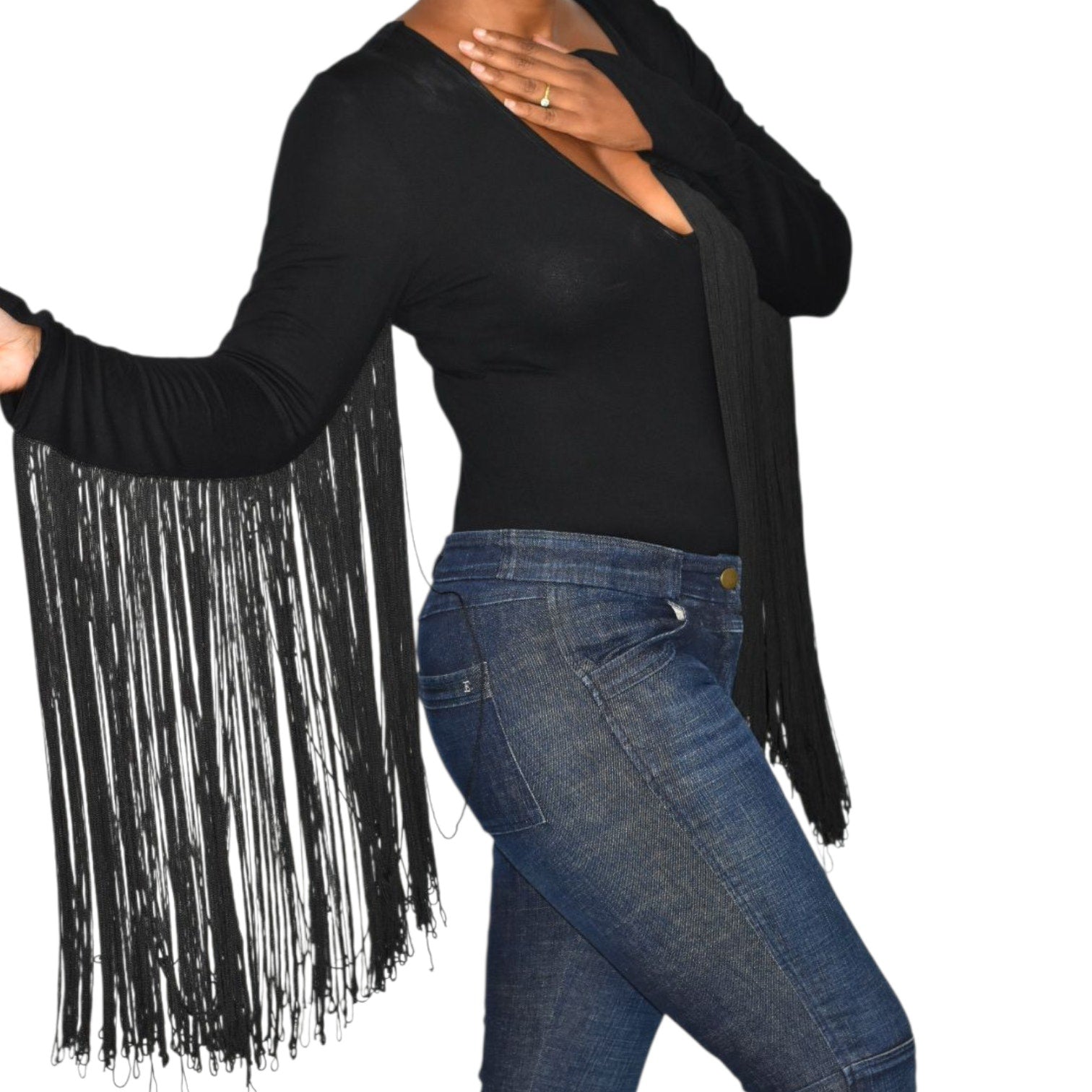 ASOS Fringe Bodysuit Black Plunge V Neck Long Sleeve Top Stretch Statement Blouse 6