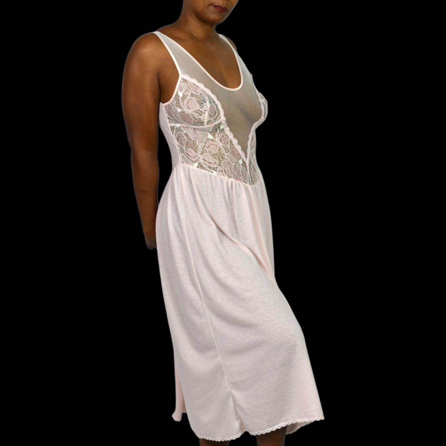 Vintage Victorias Secret Nightgown Pink Crown Label Knit Lace Mesh 80s Gown Sheer Medium