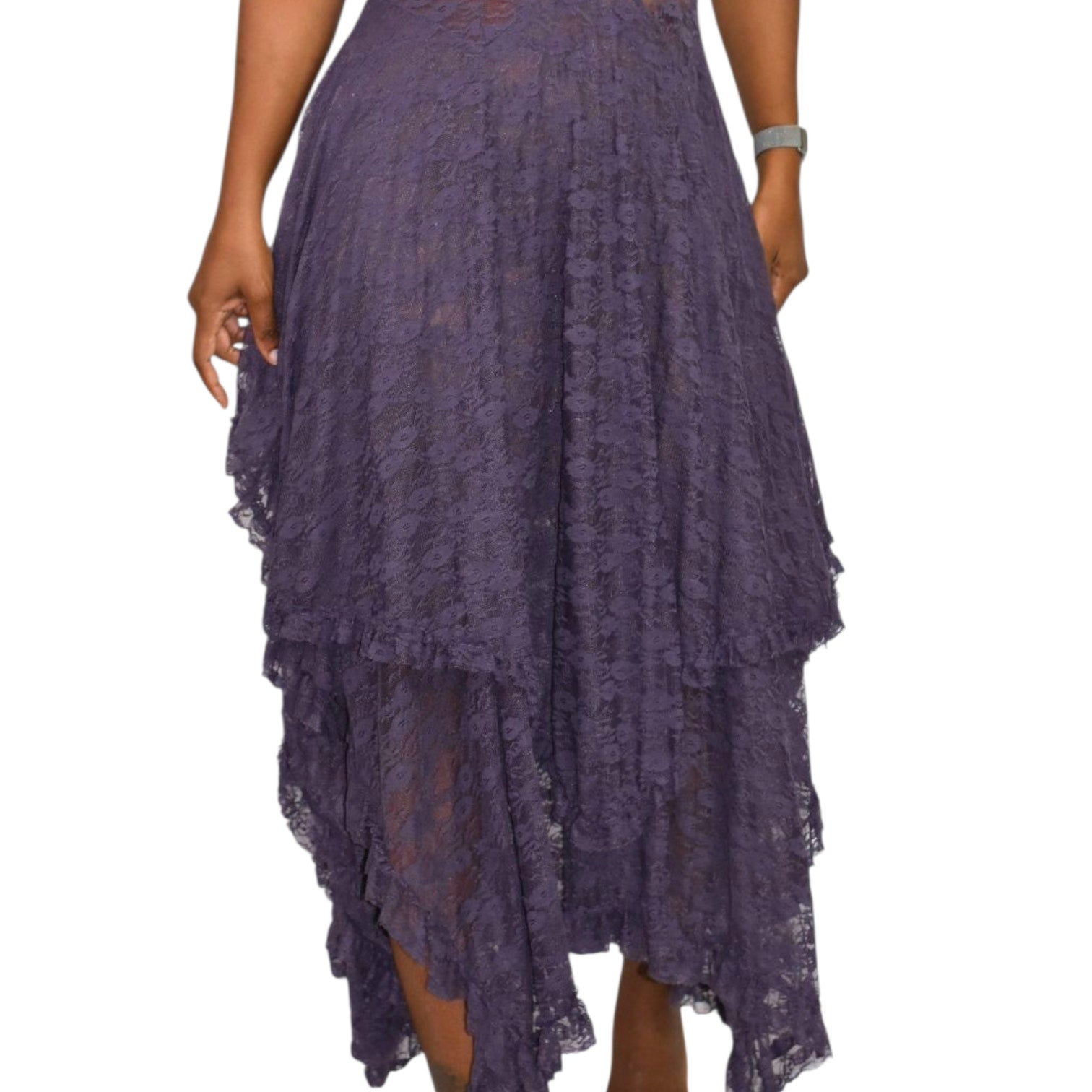 Free People French Courtship Slip Dress Purple Stretch Lace Sheer Midi Asymmetric Handkerchief Hem XS