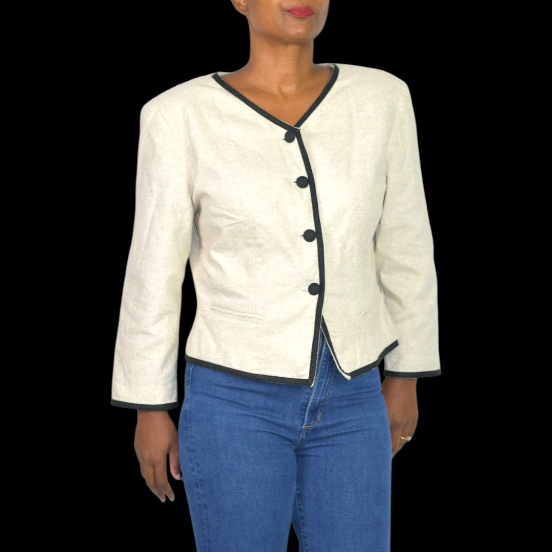 Vintage Althuser Linen Blend Blazer Jacket Beige Cropped Black Trim Tailored Shoulder Pads 10