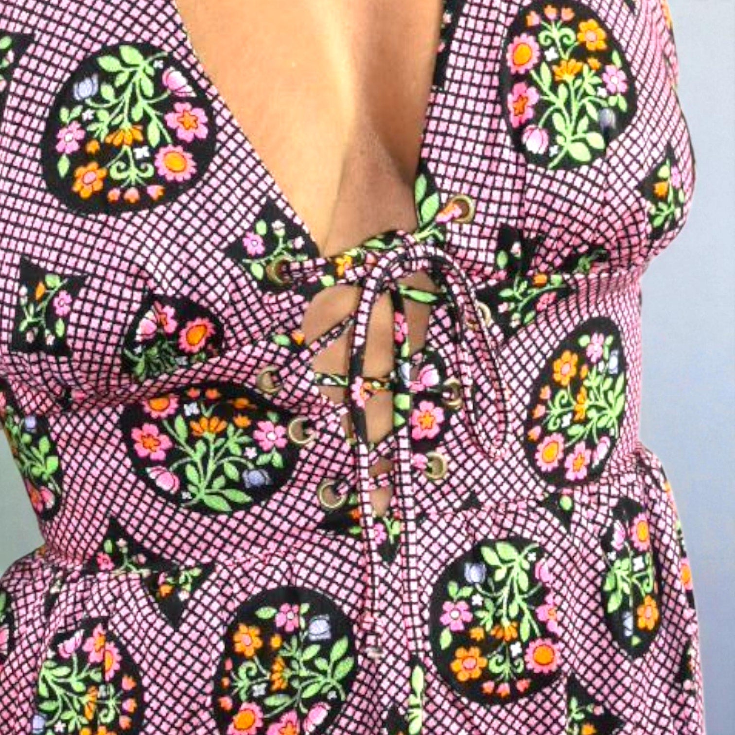 Vintage Beach Mates Halter Maxi Dress Pink Acrylic Floral Print Check Garden 70s Coverup Hippie Small