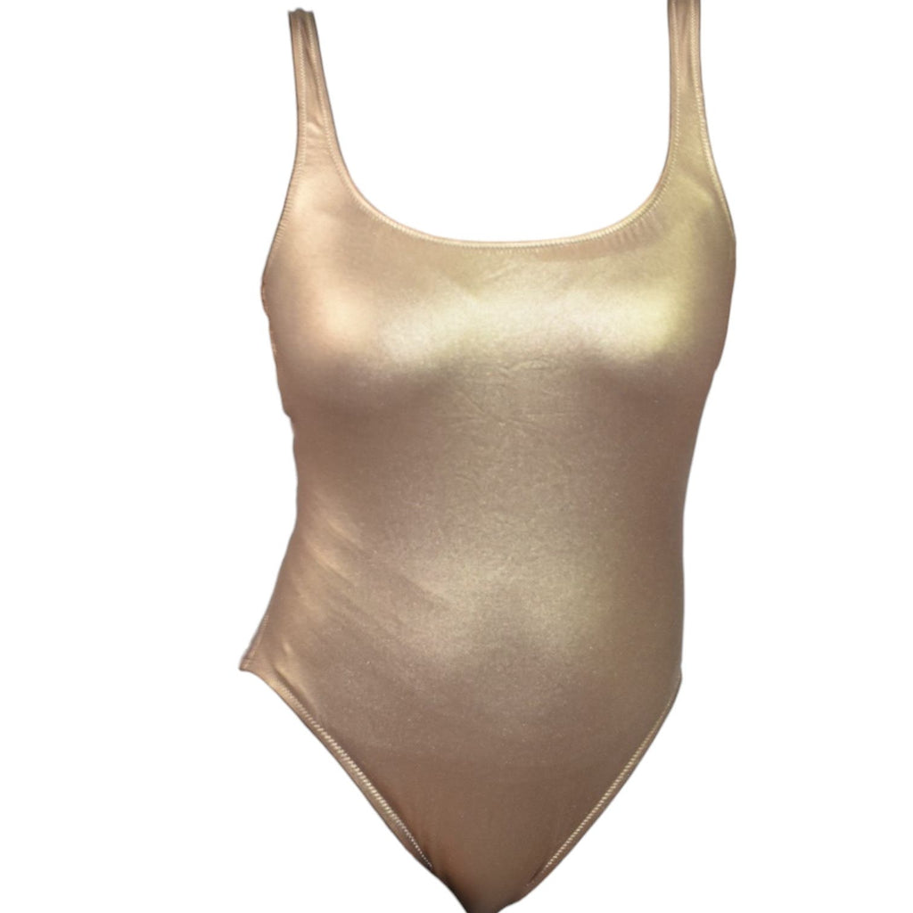 J Crew Gold Metallic One Piece Swimsuit Shiny Low Back Scoop Neck Classic Shimmer Size 12