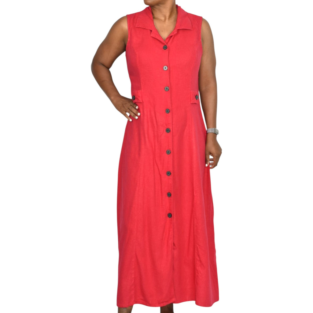 Vintage Erika Linen Blend Dress Red Maxi Cutout Button Front Sleeveless Shirtdress Medium