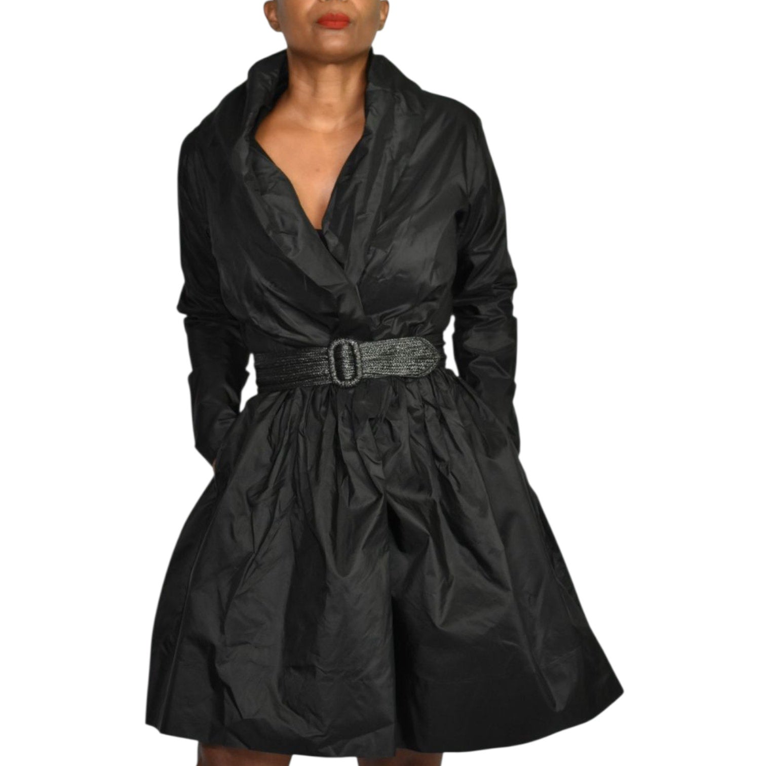 Catherine Regehr Silk Dress Black Wrap Taffeta Evening Formal Shawl Collar Crinoline Henri Bendel Medium