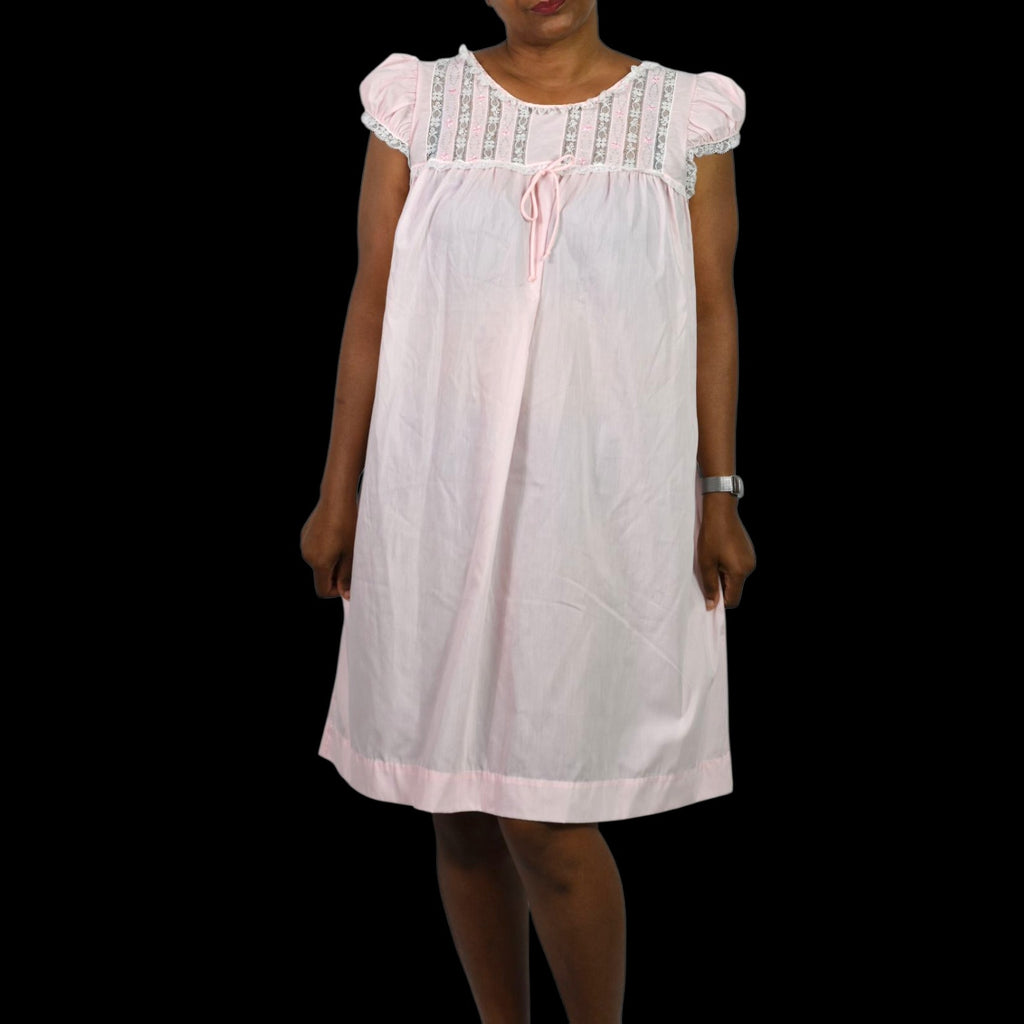 Vintage Komar Prairie Nightgown Pink Pale Pastel Country Farm Lace Cotton Embroidery Medium