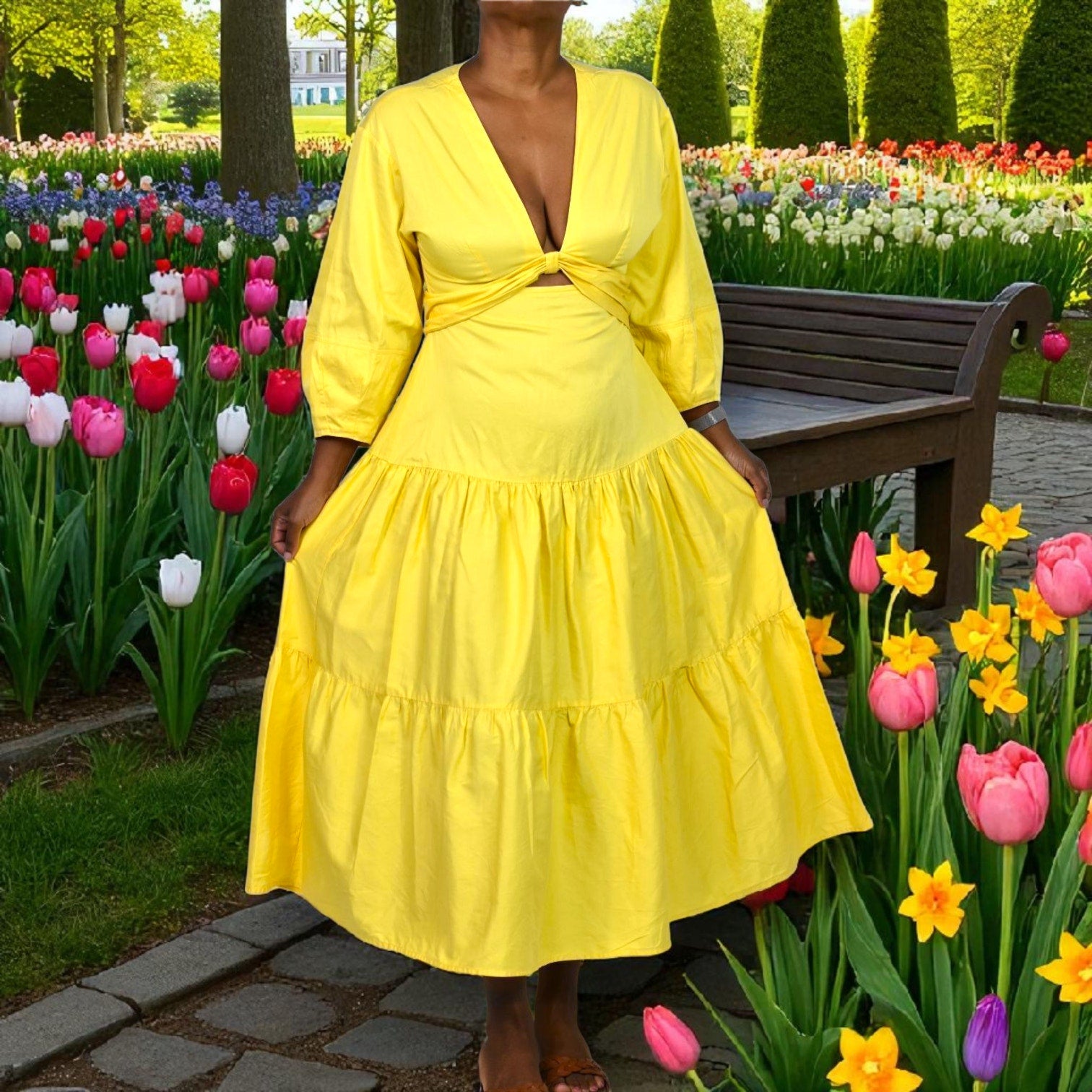 Derek Lam Twist Front Midi Dress Yellow Waist Cutout Poplin Cotton Tiered Medium 40 8