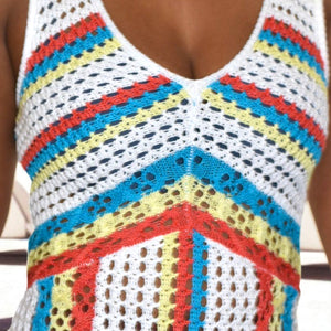 Solid Striped Aubrey Crochet Maxi Cover Up Dress White Rainbow Vertical Stripe Knit Small