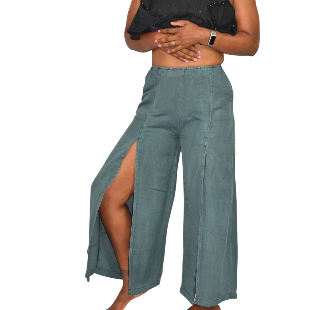 Young Fabulous Broke Cove Pant Green YFB Front Slits Crop Flare High Waist Washed Linen XS