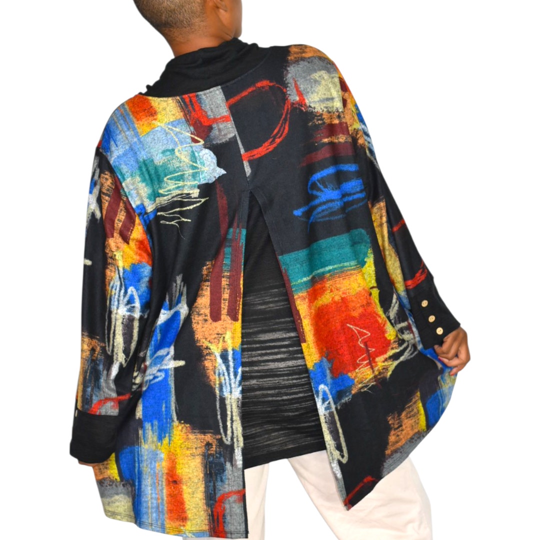Ali Miles Abstract Art Cowl Neck Tunic Multicolor Black Print Sweater Top Lagenlook Plus 2X