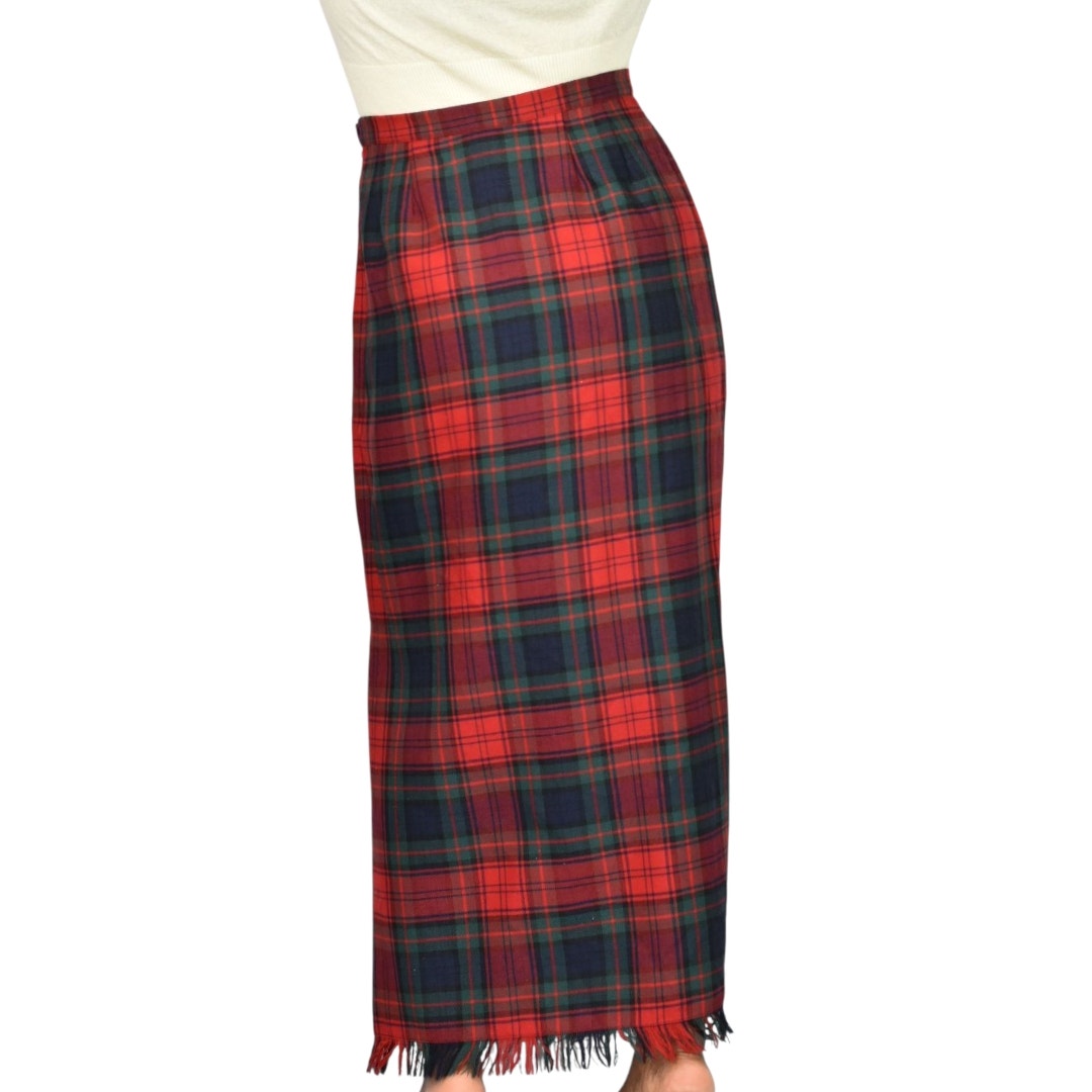 Vintage Rafaella Sport Tartan Maxi Skirt Red Plaid Check Fringe Slit Wool Long Straight Column 8