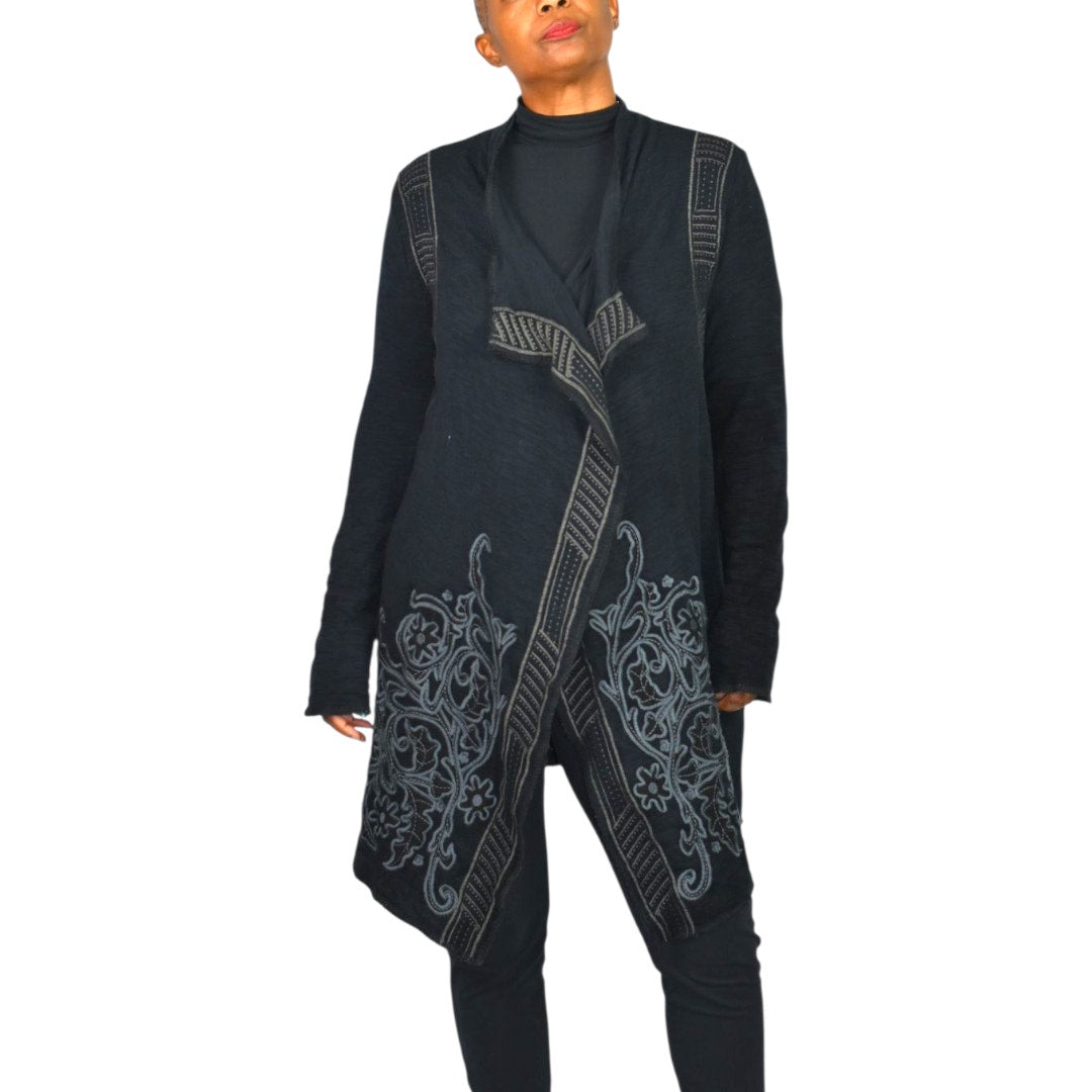 Paparazzi Biz Embroidered Asymmetric Cardigan Jacket Black Duster Cotton Open Front Medium