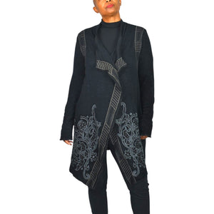 Paparazzi Biz Embroidered Asymmetric Cardigan Jacket Black Duster Cotton Open Front Medium