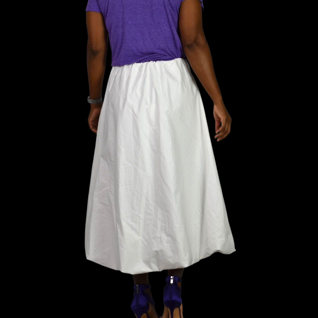 Zara Bubble Midi Skirt White Poplin Balloon Hem Pockets Billowy Elastic Waist XS