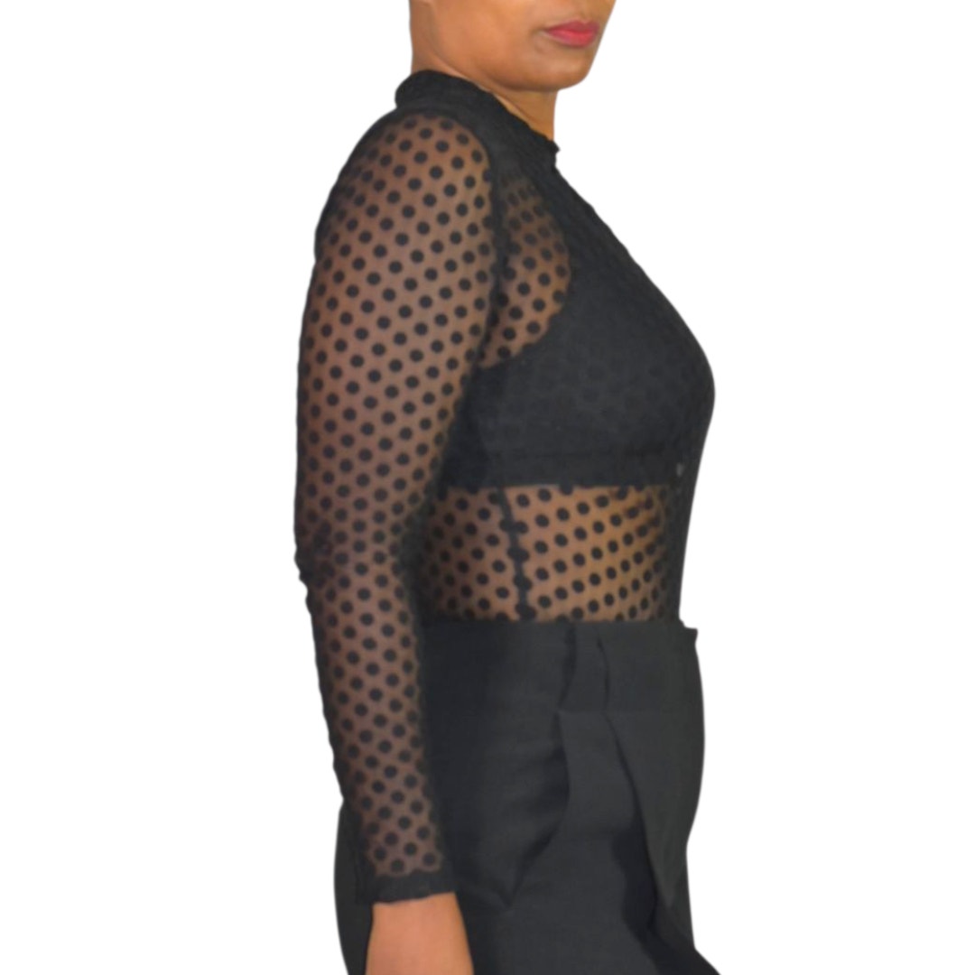 Windsor Sheer Bodysuit Black Flocked Polka Dot Mock Mesh Neck Long Sleeves Top Small