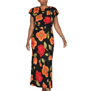 Jeffrey Dara Vintage Floral Maxi Dress Black Floral Flowers Rayon Shoulder Pads Column Deadstock 8 Medium