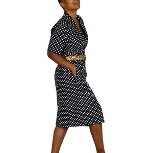 Vintage SG Gilbert Polka Dot Dress Black White Notched Collar Shirtdress Double Breasted 8