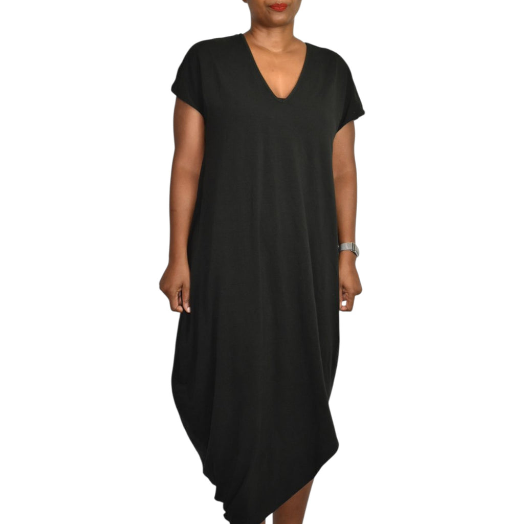 Universal Standard Geneva Caftan Dress Black Tee Cotton Jersey Asymmetric Ruched Midi XL