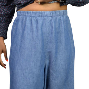 Show Me Your Mumu Explorer Pants Blue Chambray Flare Wide Leg High Waist Pull On Small