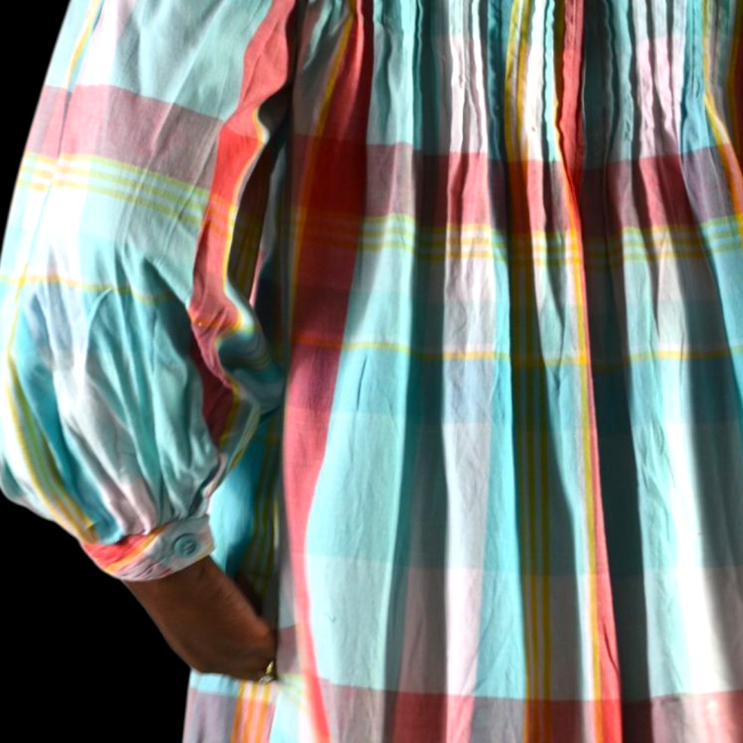 Vintage Saybury Nightshirt Blue Plaid Check Shirtdress Dress Pockets Cotton Pastel Oversized Muumuu Small