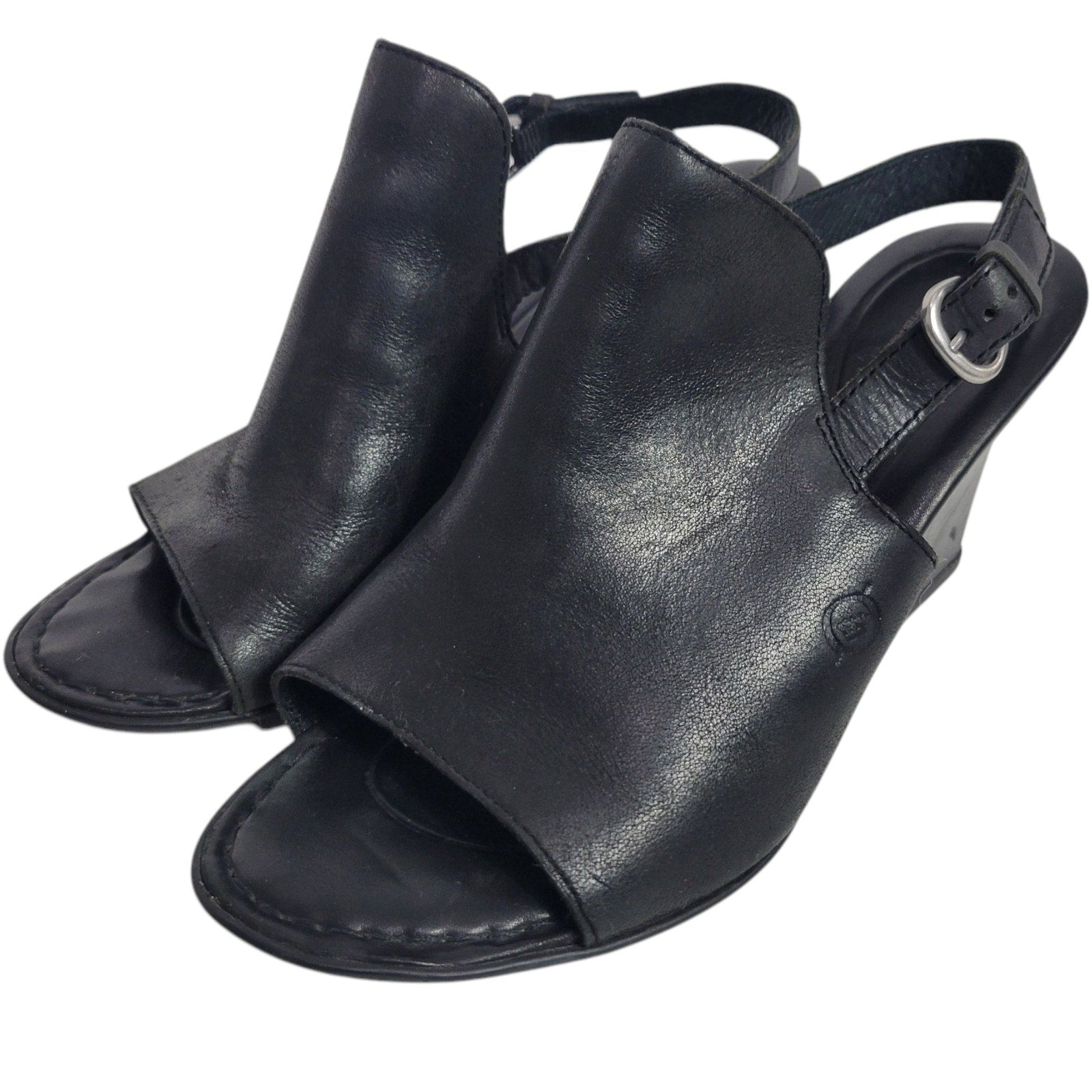 Born Bevi Wedge Heels Black Open Toe Leather Slingback Comfort Cushioned Buckle 7