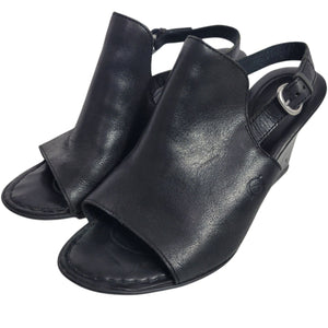 Born Bevi Wedge Heels Black Open Toe Leather Slingback Comfort Cushioned Buckle 7