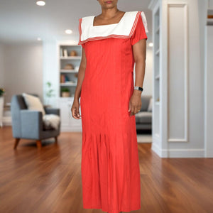 Vintage Sarah Elizabeth Sailor Collar Maxi Dress Red White Nautical Rayon Column Pleated Retro Flapper Medium
