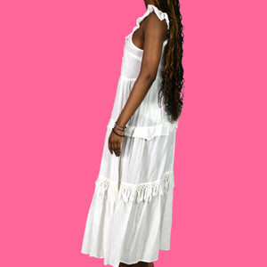 True Destinations Tiered Maxi Dress White Bohemian Voile Lightweight Cotton Fringe Coverup Small