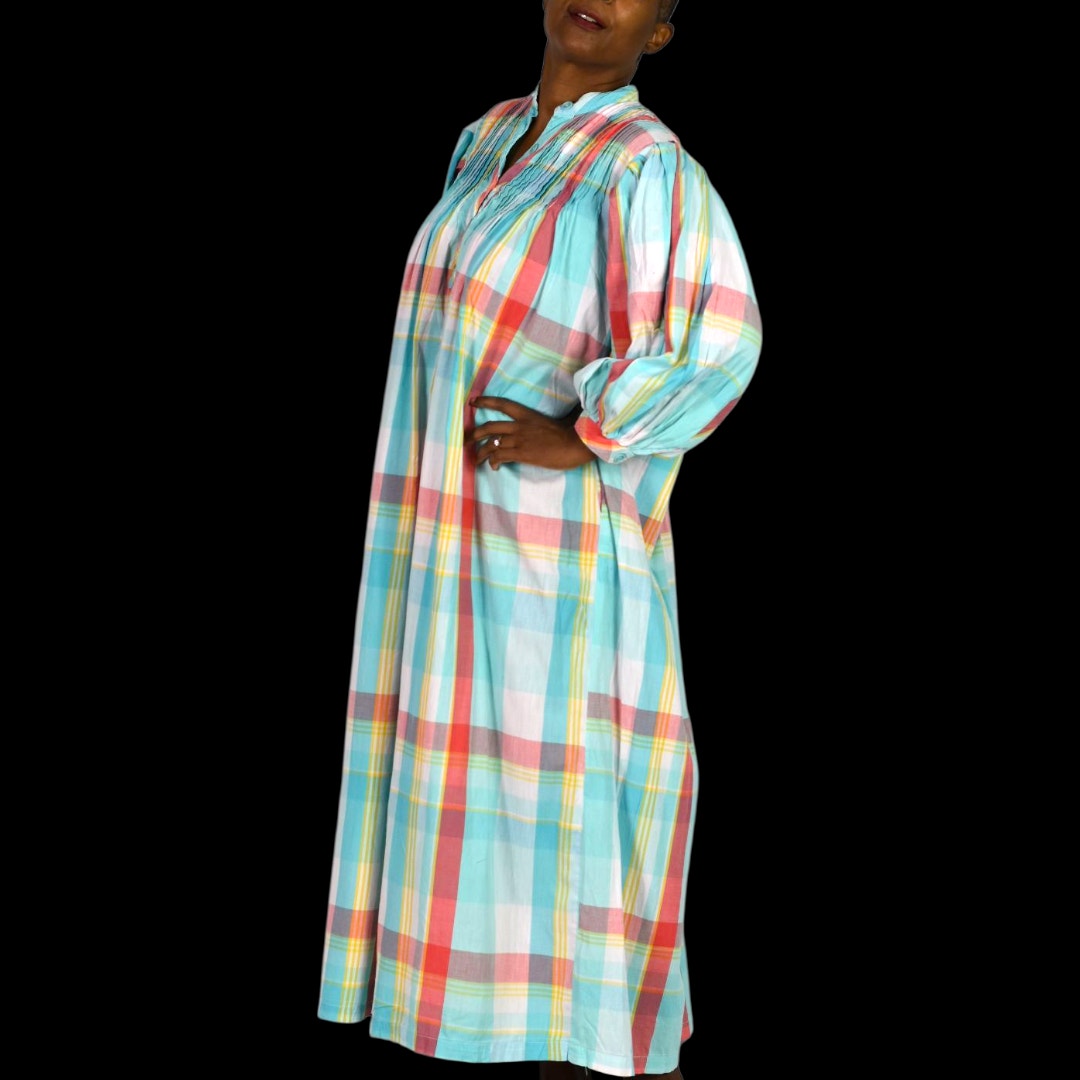 Vintage Saybury Nightshirt Blue Plaid Check Shirtdress Dress Pockets Cotton Pastel Oversized Muumuu Small