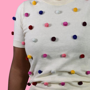 Kate Spade Pom Pom Sweater White Rainbow Colorful Short Sleeve Pullover Embellished Small
