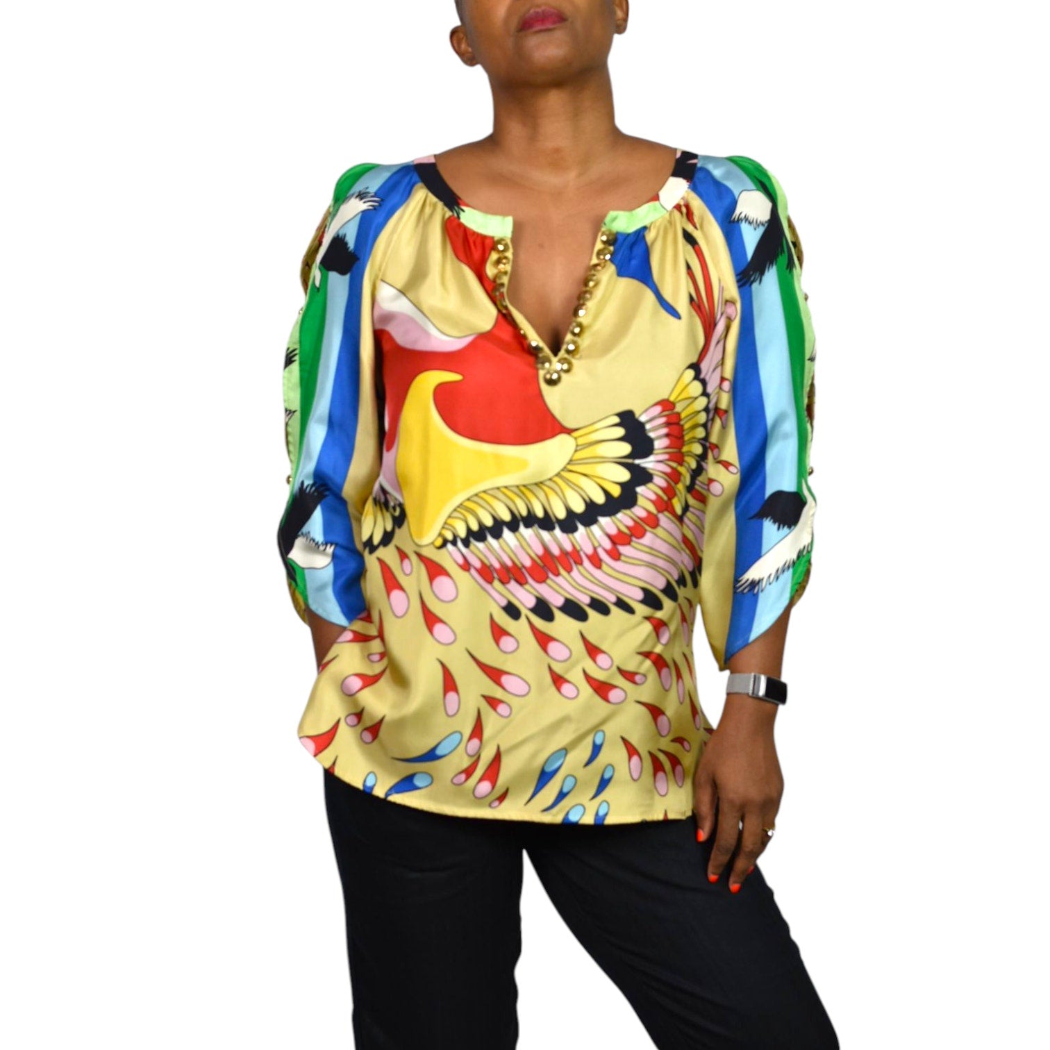 TIBI Silk Printed Tunic Yellow Colorful Peacock Jeweled Studded Blue Cutouts Birds 6